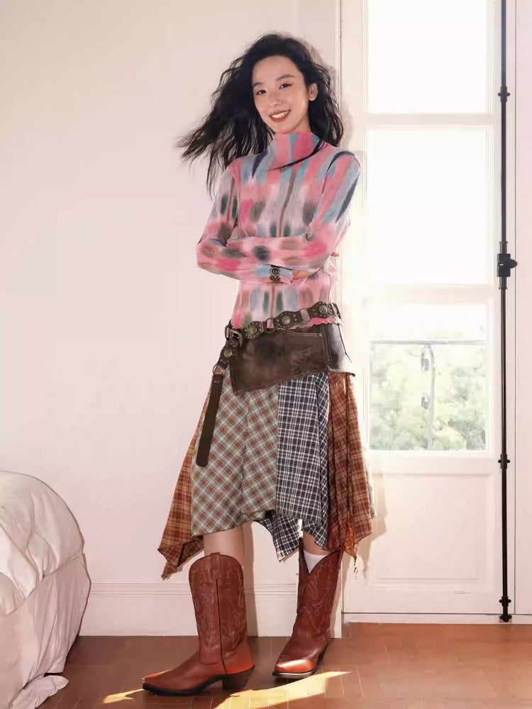 "Yano Collection" Leather Patchwork Plaid Irregular Retro Personality Casual Skirt【s0000013821】