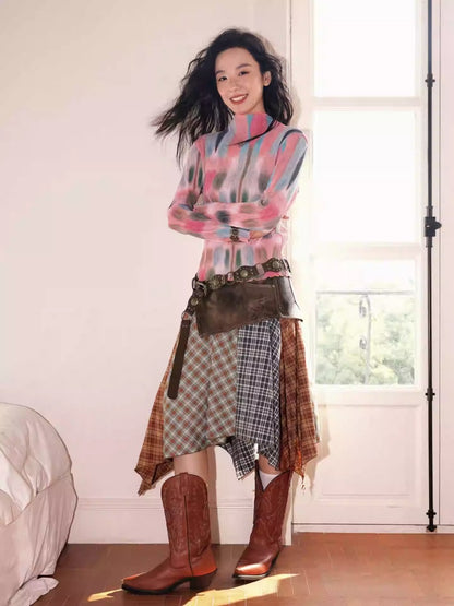 "Yano Collection" Leather Patchwork Plaid Irregular Retro Personality Casual Skirt【s0000013821】
