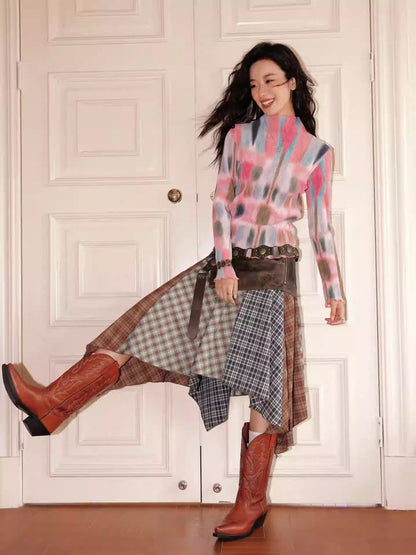 "Yano Collection" Leather Patchwork Plaid Irregular Retro Personality Casual Skirt【s0000013821】