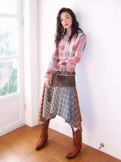 "Yano Collection" Leather Patchwork Plaid Irregular Retro Personality Casual Skirt【s0000013821】