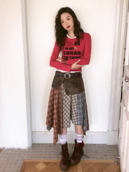 "Yano Collection" Leather Patchwork Plaid Irregular Retro Personality Casual Skirt【s0000013821】
