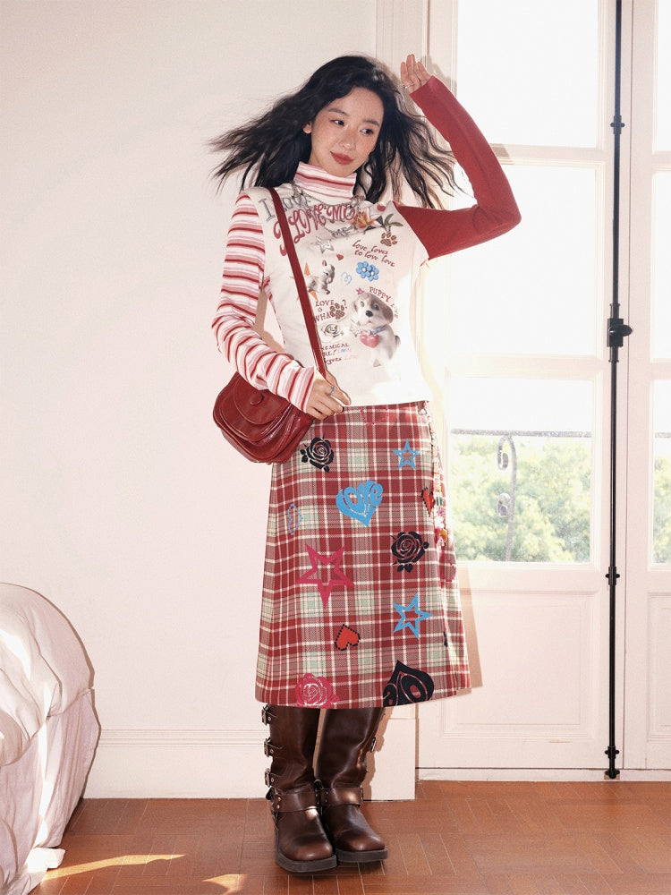"Love Rhyme Flower Spectrum" Classic Retro Playful Plaid Flocked Print A-Line Skirt【s0000013823】