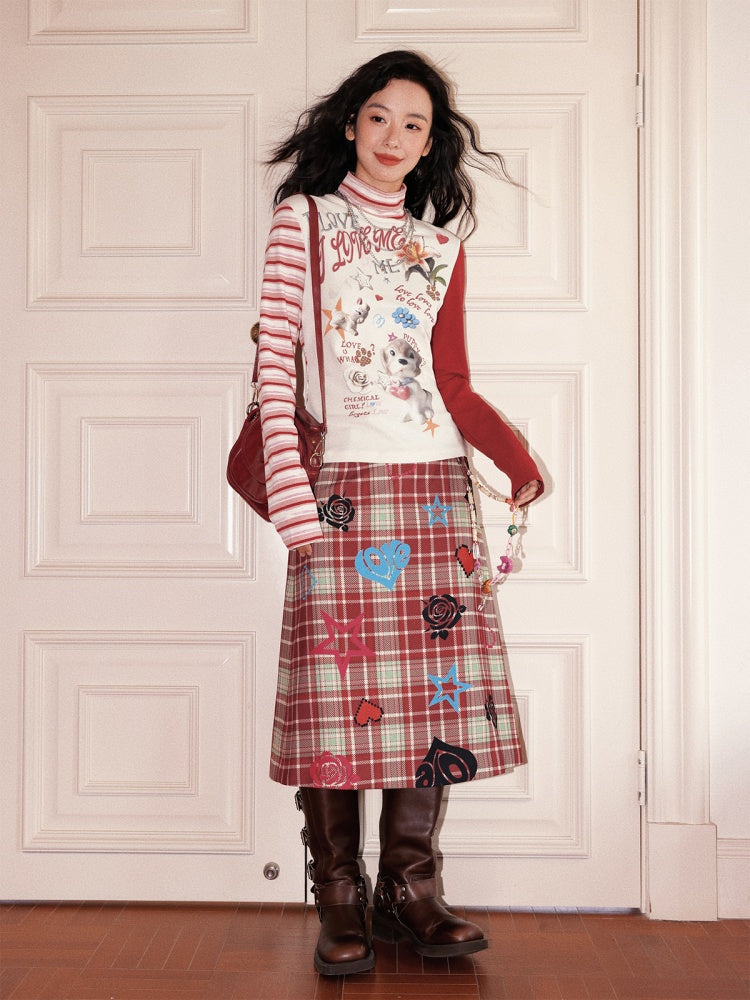 "Love Rhyme Flower Spectrum" Classic Retro Playful Plaid Flocked Print A-Line Skirt【s0000013823】