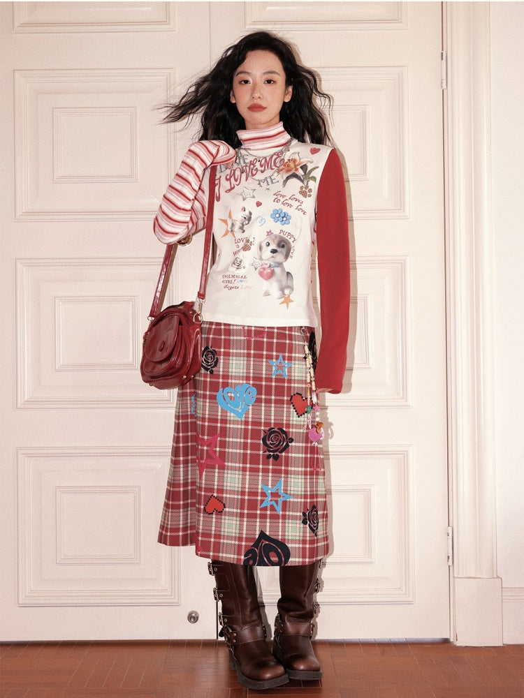 "Love Rhyme Flower Spectrum" Classic Retro Playful Plaid Flocked Print A-Line Skirt【s0000013823】