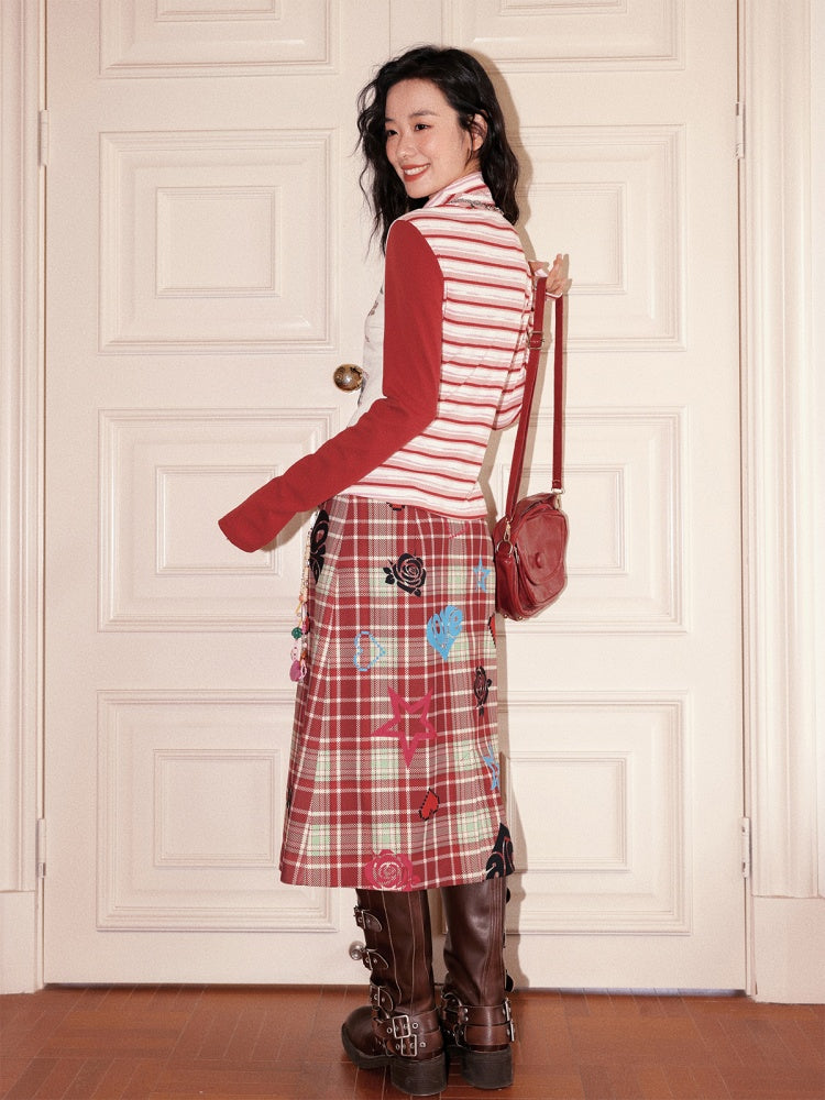 "Love Rhyme Flower Spectrum" Classic Retro Playful Plaid Flocked Print A-Line Skirt【s0000013823】