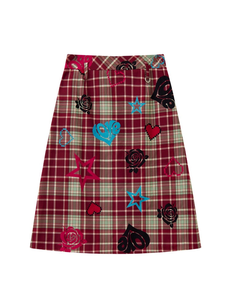 "Love Rhyme Flower Spectrum" Classic Retro Playful Plaid Flocked Print A-Line Skirt【s0000013823】