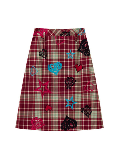 "Love Rhyme Flower Spectrum" Classic Retro Playful Plaid Flocked Print A-Line Skirt【s0000013823】