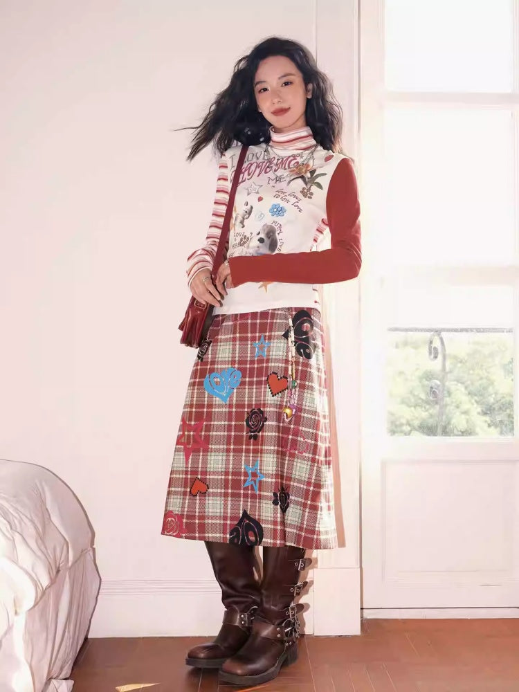 "Love Rhyme Flower Spectrum" Classic Retro Playful Plaid Flocked Print A-Line Skirt【s0000013823】