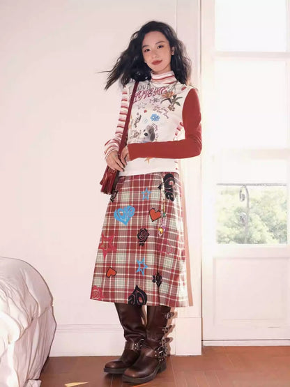 "Love Rhyme Flower Spectrum" Classic Retro Playful Plaid Flocked Print A-Line Skirt【s0000013823】