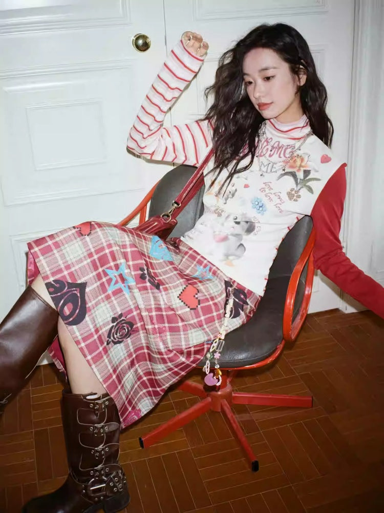 "Love Rhyme Flower Spectrum" Classic Retro Playful Plaid Flocked Print A-Line Skirt【s0000013823】