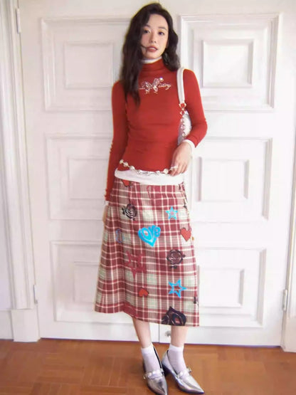 "Love Rhyme Flower Spectrum" Classic Retro Playful Plaid Flocked Print A-Line Skirt【s0000013823】