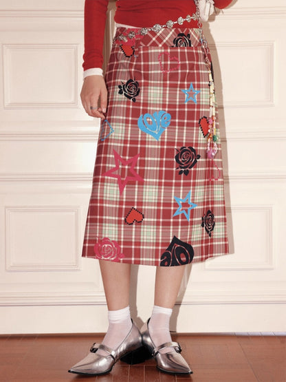 "Love Rhyme Flower Spectrum" Classic Retro Playful Plaid Flocked Print A-Line Skirt【s0000013823】