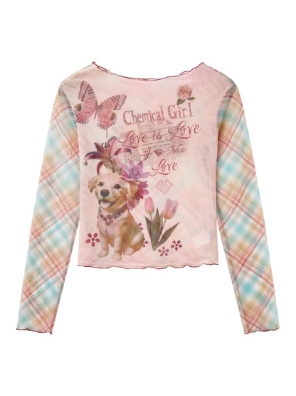 "Puppy Pictorial" Print Ruffle-Hem Vintage Playful Mesh Long Sleeve T-Shirt【s0000013825】