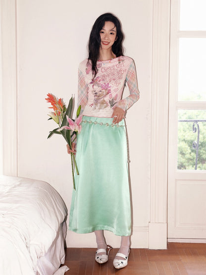 "Puppy Pictorial" Print Ruffle-Hem Vintage Playful Mesh Long Sleeve T-Shirt【s0000013825】