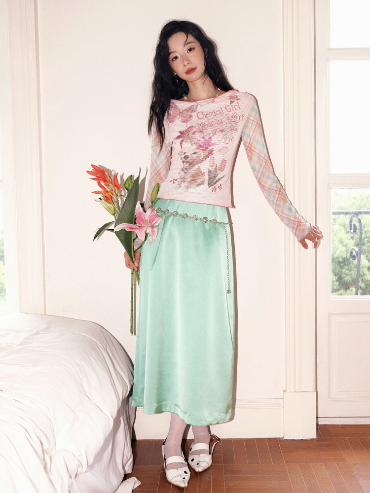 "Puppy Pictorial" Print Ruffle-Hem Vintage Playful Mesh Long Sleeve T-Shirt【s0000013825】