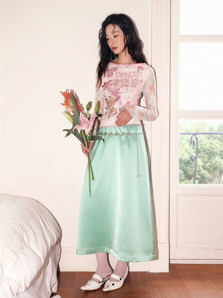 "Puppy Pictorial" Print Ruffle-Hem Vintage Playful Mesh Long Sleeve T-Shirt【s0000013825】