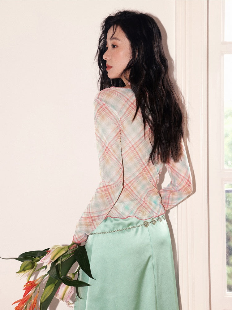 "Puppy Pictorial" Print Ruffle-Hem Vintage Playful Mesh Long Sleeve T-Shirt【s0000013825】