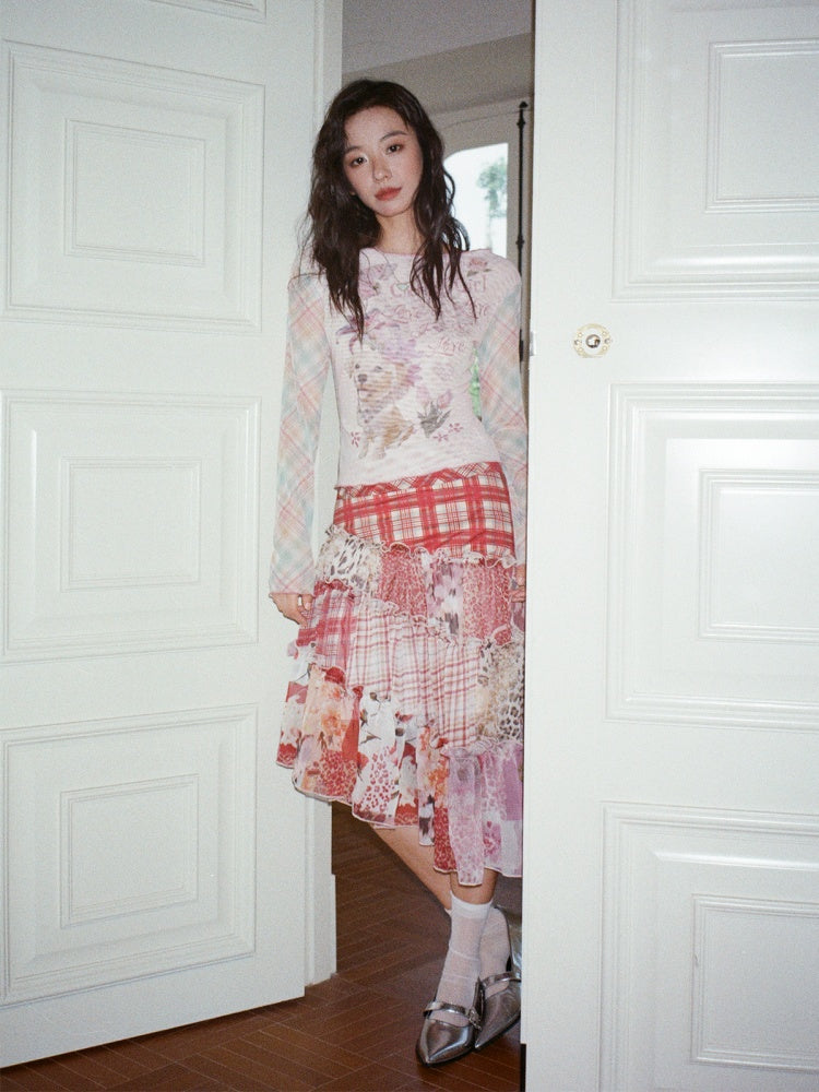 "Puppy Pictorial" Print Ruffle-Hem Vintage Playful Mesh Long Sleeve T-Shirt【s0000013825】