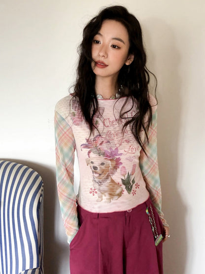 "Puppy Pictorial" Print Ruffle-Hem Vintage Playful Mesh Long Sleeve T-Shirt【s0000013825】