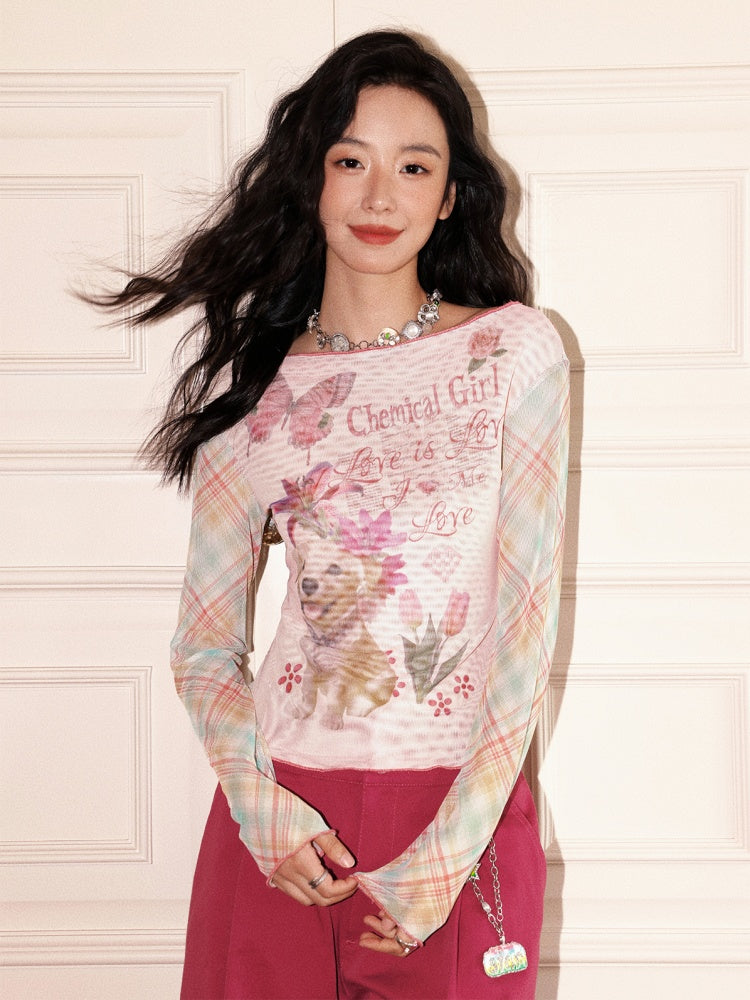 "Puppy Pictorial" Print Ruffle-Hem Vintage Playful Mesh Long Sleeve T-Shirt【s0000013825】