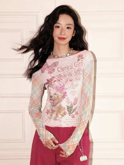 "Puppy Pictorial" Print Ruffle-Hem Vintage Playful Mesh Long Sleeve T-Shirt【s0000013825】