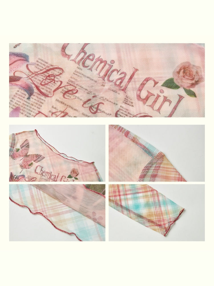"Puppy Pictorial" Print Ruffle-Hem Vintage Playful Mesh Long Sleeve T-Shirt【s0000013825】
