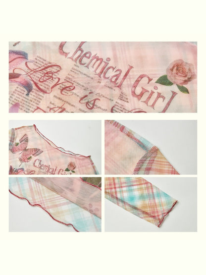 "Puppy Pictorial" Print Ruffle-Hem Vintage Playful Mesh Long Sleeve T-Shirt【s0000013825】