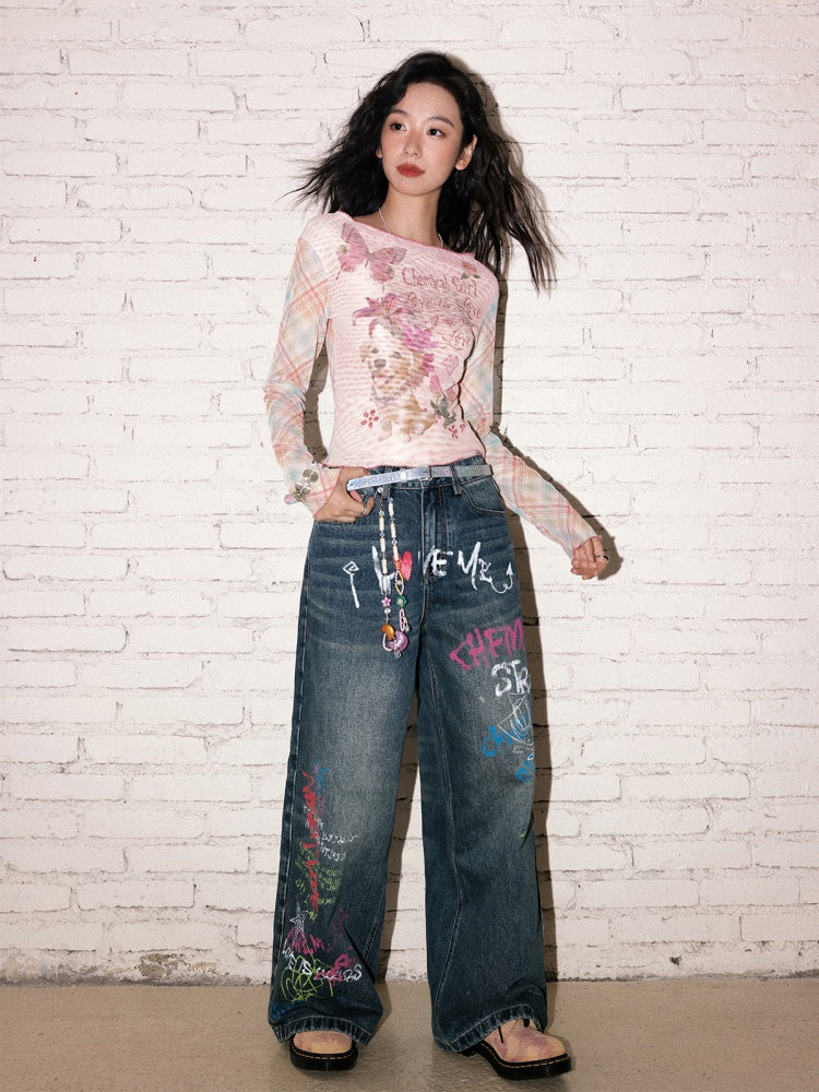 "Puppy Pictorial" Print Ruffle-Hem Vintage Playful Mesh Long Sleeve T-Shirt【s0000013825】
