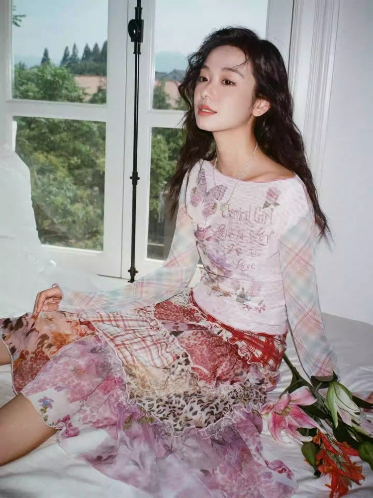 "Puppy Pictorial" Print Ruffle-Hem Vintage Playful Mesh Long Sleeve T-Shirt【s0000013825】