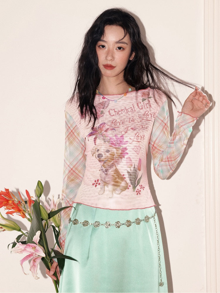 "Puppy Pictorial" Print Ruffle-Hem Vintage Playful Mesh Long Sleeve T-Shirt【s0000013825】