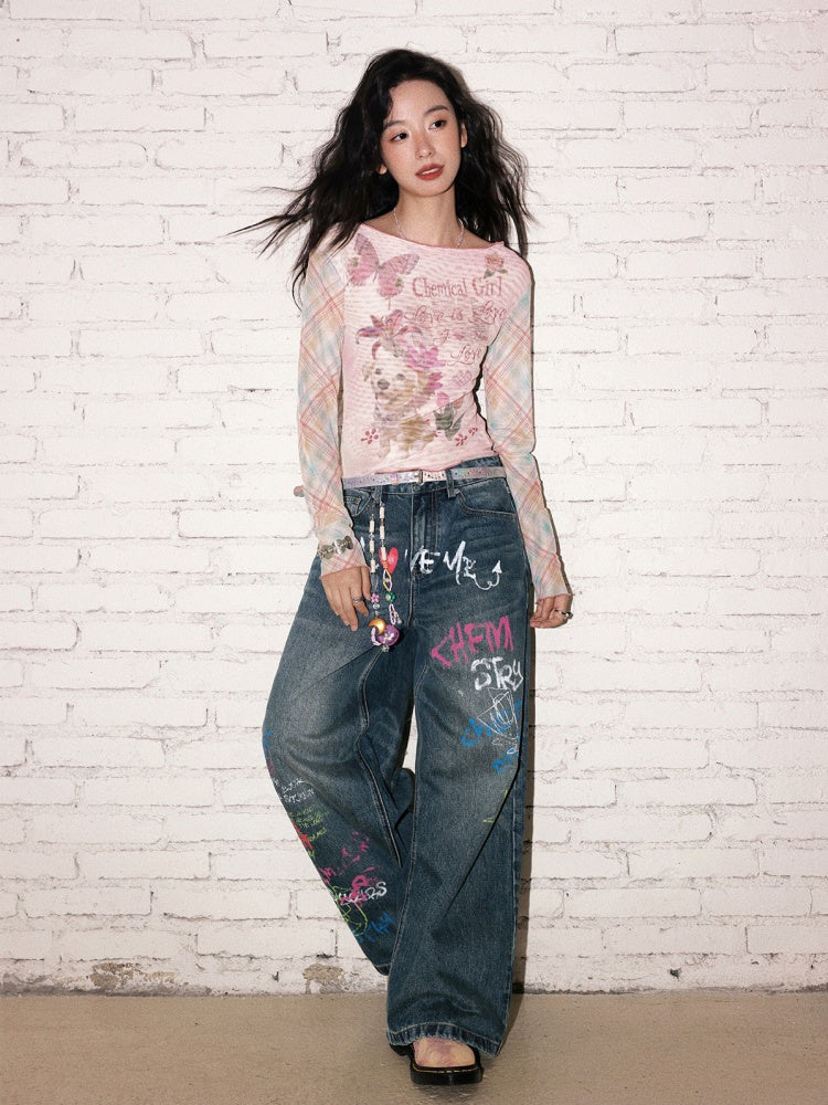 "Puppy Pictorial" Print Ruffle-Hem Vintage Playful Mesh Long Sleeve T-Shirt【s0000013825】
