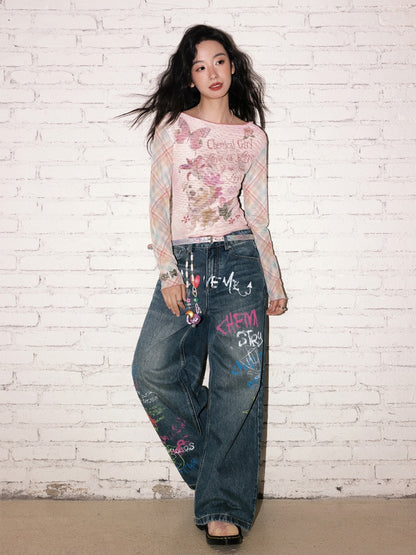 "Puppy Pictorial" Print Ruffle-Hem Vintage Playful Mesh Long Sleeve T-Shirt【s0000013825】