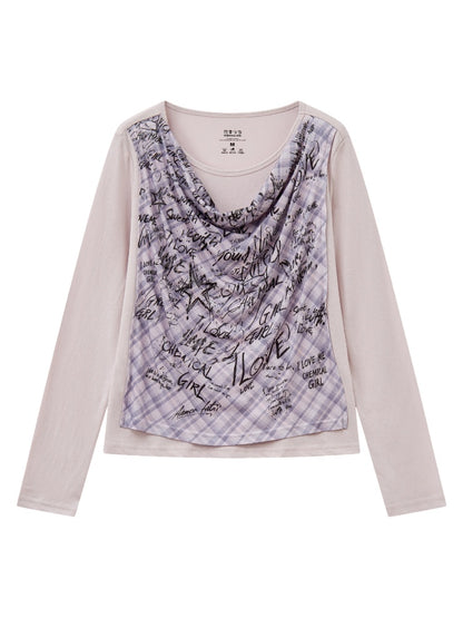 "Graffiti Puzzle" Swinging Collar Print Faux Layered Long Sleeved T-shirt【s0000013827】