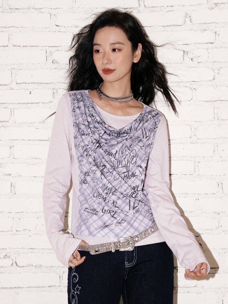 "Graffiti Puzzle" Swinging Collar Print Faux Layered Long Sleeved T-shirt【s0000013827】
