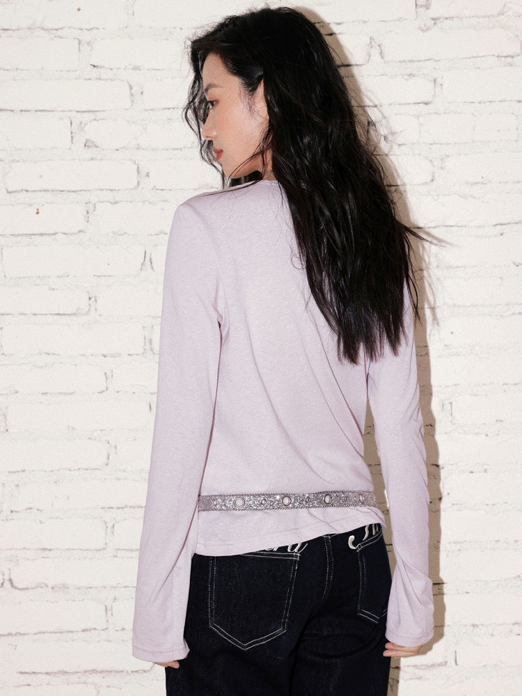 "Graffiti Puzzle" Swinging Collar Print Faux Layered Long Sleeved T-shirt【s0000013827】