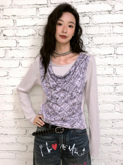 "Graffiti Puzzle" Swinging Collar Print Faux Layered Long Sleeved T-shirt【s0000013827】