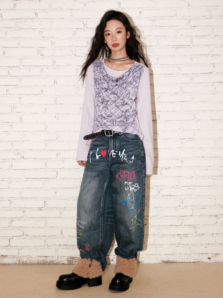 "Graffiti Puzzle" Swinging Collar Print Faux Layered Long Sleeved T-shirt【s0000013827】