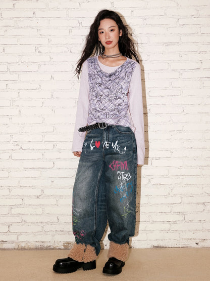 "Graffiti Puzzle" Swinging Collar Print Faux Layered Long Sleeved T-shirt【s0000013827】