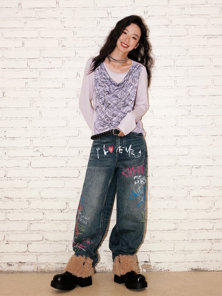 "Graffiti Puzzle" Swinging Collar Print Faux Layered Long Sleeved T-shirt【s0000013827】