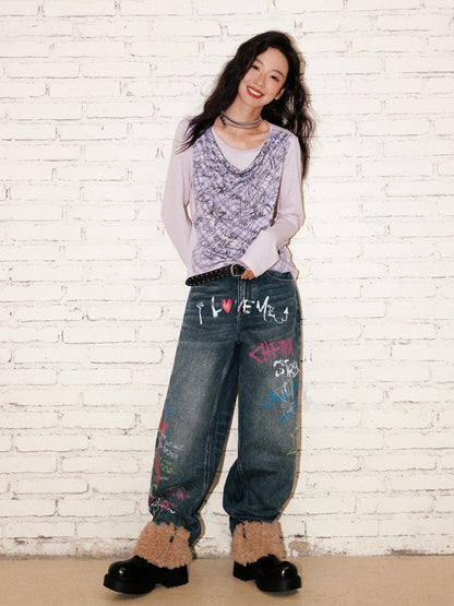 "Graffiti Puzzle" Swinging Collar Print Faux Layered Long Sleeved T-shirt【s0000013827】