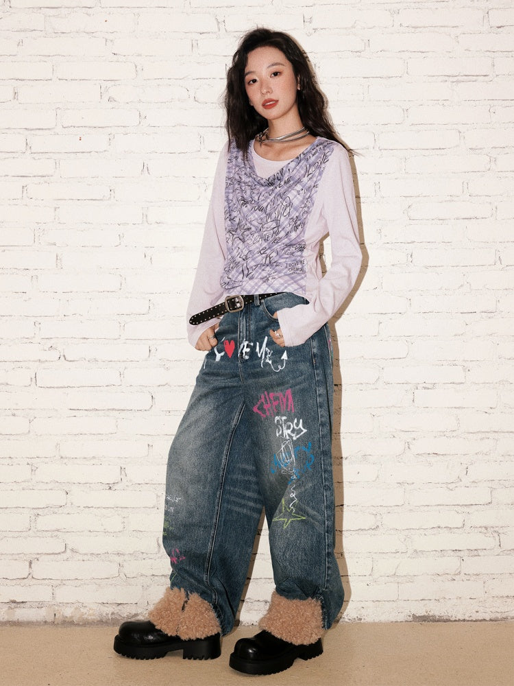 "Graffiti Puzzle" Swinging Collar Print Faux Layered Long Sleeved T-shirt【s0000013827】