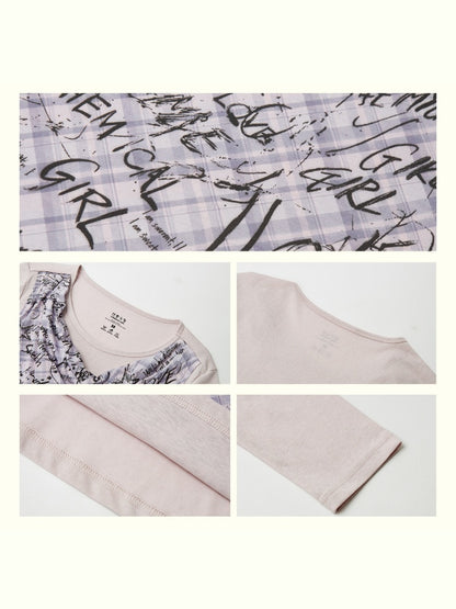 "Graffiti Puzzle" Swinging Collar Print Faux Layered Long Sleeved T-shirt【s0000013827】