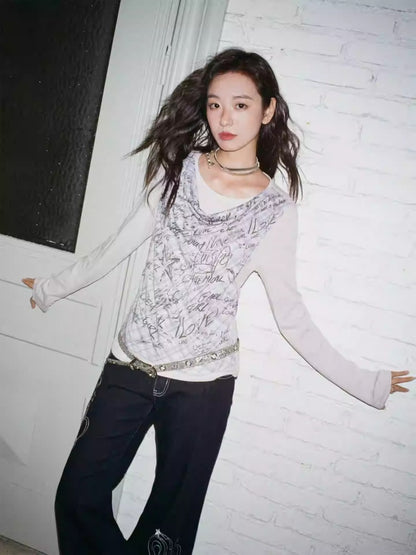 "Graffiti Puzzle" Swinging Collar Print Faux Layered Long Sleeved T-shirt【s0000013827】