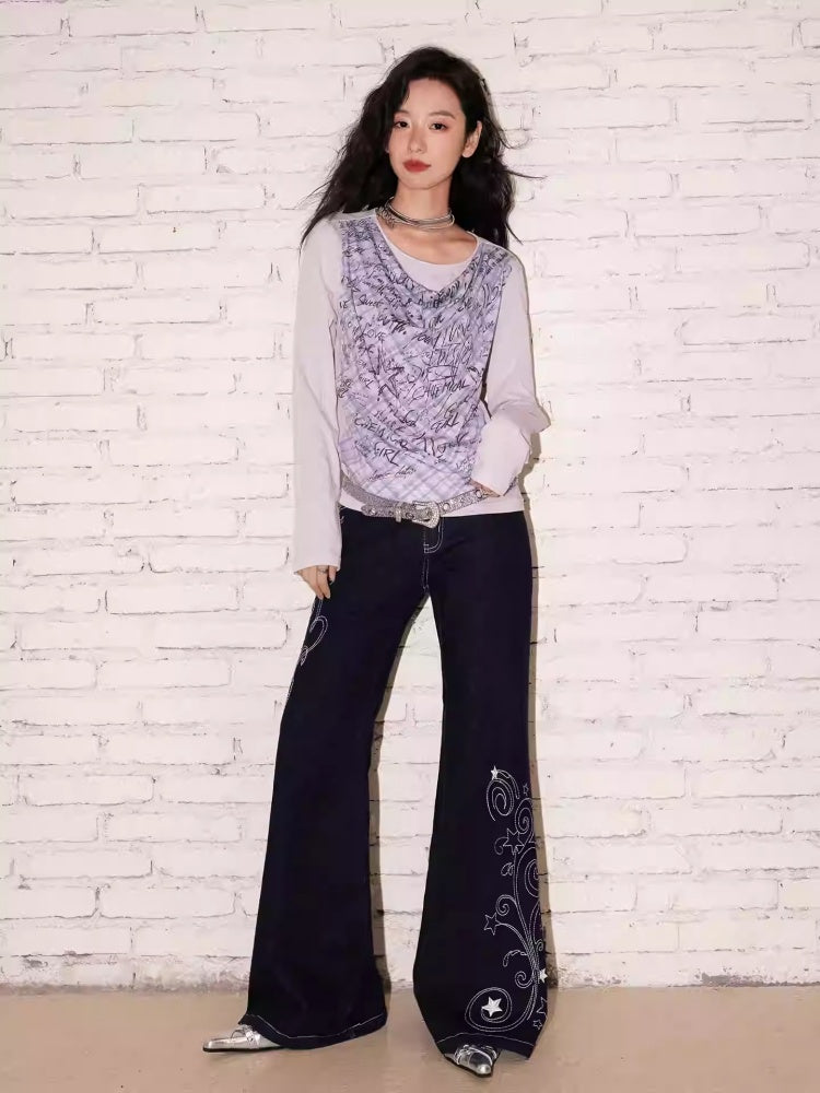 "Graffiti Puzzle" Swinging Collar Print Faux Layered Long Sleeved T-shirt【s0000013827】