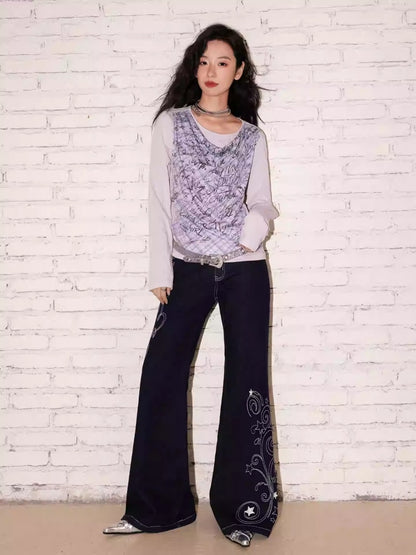 "Graffiti Puzzle" Swinging Collar Print Faux Layered Long Sleeved T-shirt【s0000013827】