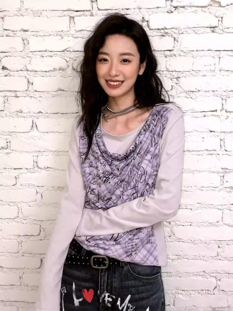"Graffiti Puzzle" Swinging Collar Print Faux Layered Long Sleeved T-shirt【s0000013827】