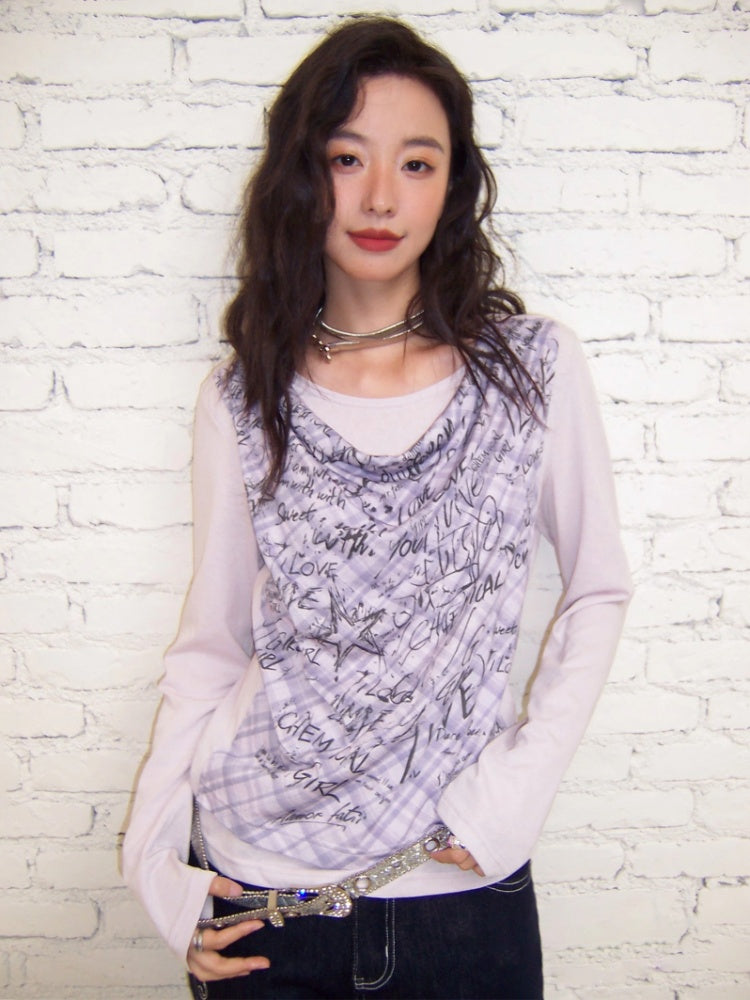 "Graffiti Puzzle" Swinging Collar Print Faux Layered Long Sleeved T-shirt【s0000013827】