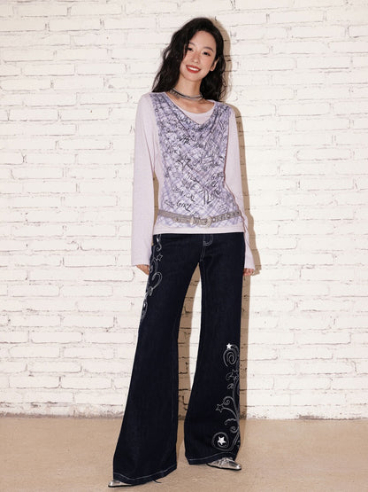 "Graffiti Puzzle" Swinging Collar Print Faux Layered Long Sleeved T-shirt【s0000013827】