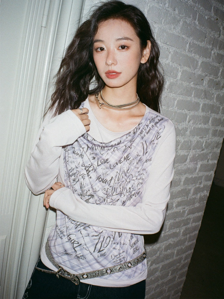 "Graffiti Puzzle" Swinging Collar Print Faux Layered Long Sleeved T-shirt【s0000013827】