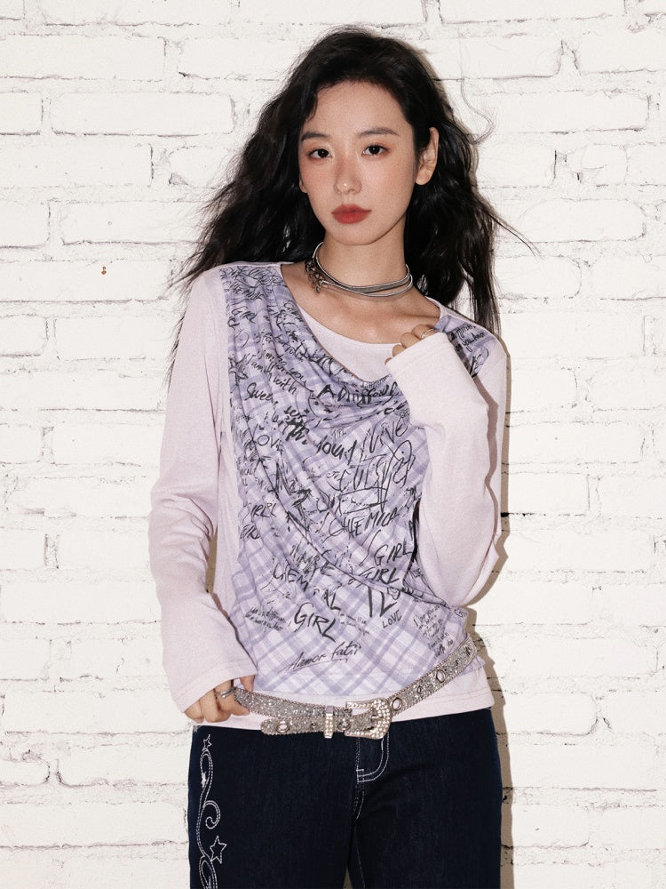 "Graffiti Puzzle" Swinging Collar Print Faux Layered Long Sleeved T-shirt【s0000013827】
